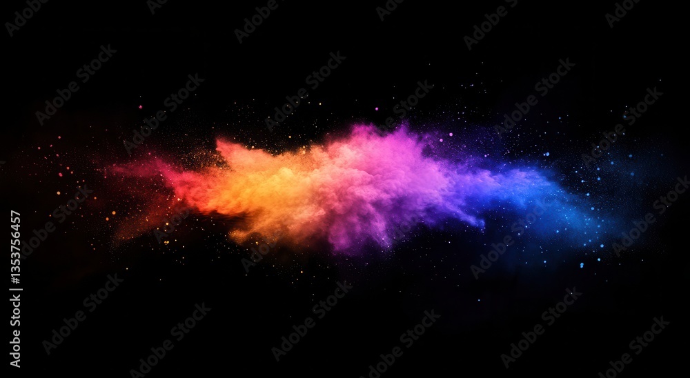 Aufkleber vibrant abstract color explosion in space with dusty clouds and stars on black background for artist