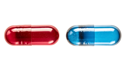 Two red and white capsules on light blue background, symbolizing health and medicine. smooth surface and rounded shape evoke sense of simplicity and modernity png