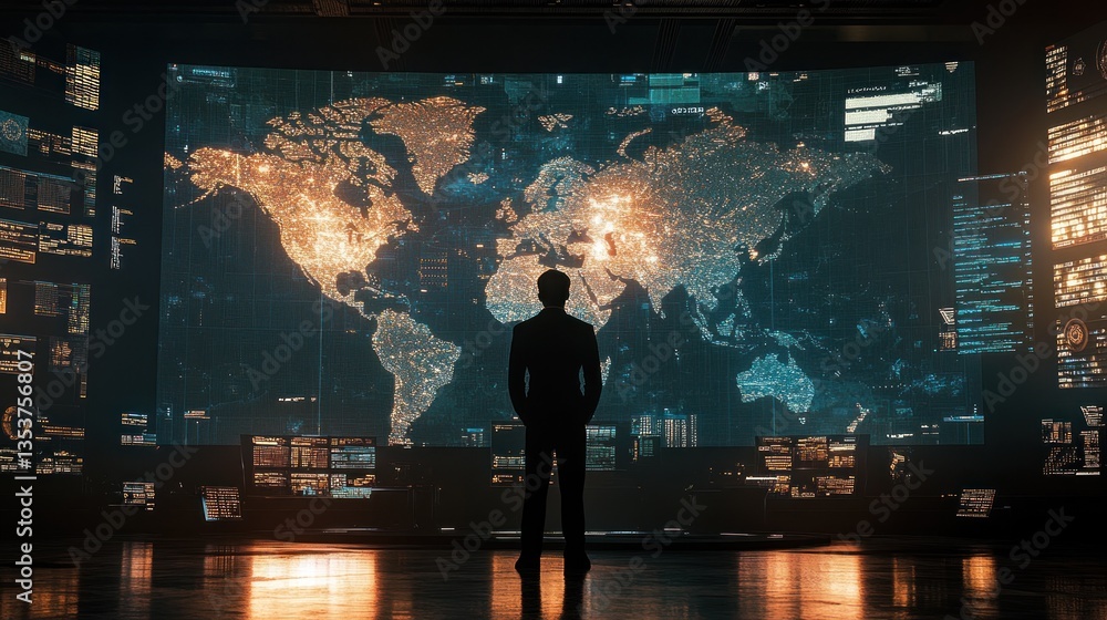 Poster global strategic cybersecurity command center analysis of world map network