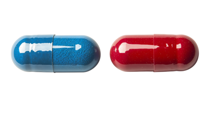 Two red and white capsules on light blue background, symbolizing health and medicine. smooth surface and rounded shape evoke sense of simplicity and modernity png