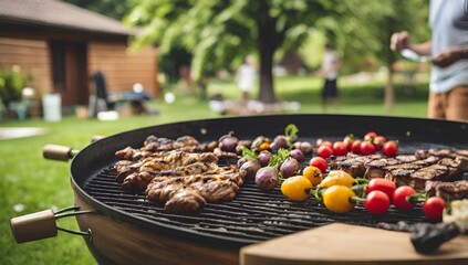 soft focus, meal, outdoors, party, patio, picnic, rustic, spring, leisure, summer, summer time, table, backyard, wooden, yard, meadow, top, lawn, cookout, kettle, barbecue, bbq, blurred, board, cookin