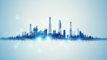 Industrial skyline with oil rigs and towers against a blue background, representing energy resources, technology advancements, and modern development in an interconnected world