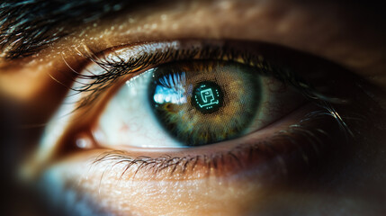 Macro close-up of eye with cybernetic digital overlay and smart interface elements in futuristic setting