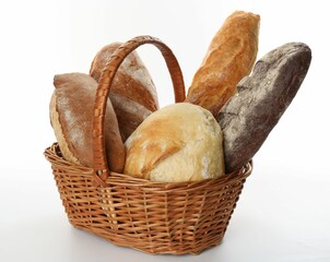 Different loaves of fresh bread in basket isolated on white