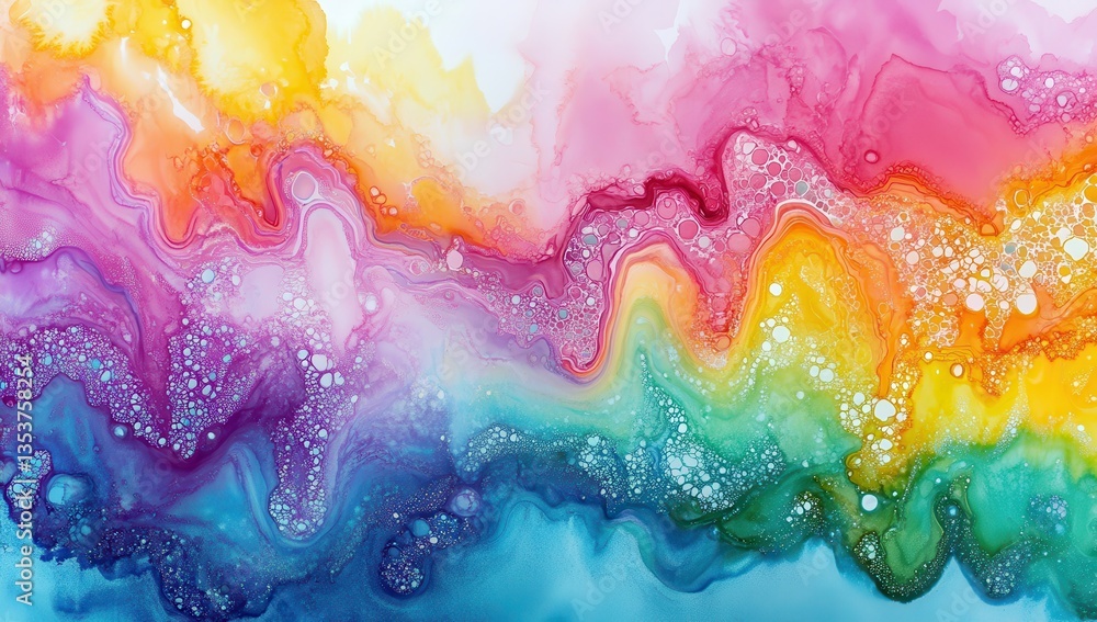 Poster vibrant abstract fluid art with swirling colors and bubbles in a rainbow spectrum on a white backgro