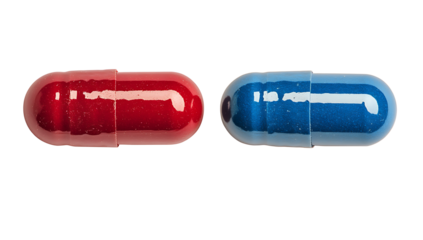 Two red and white capsules on light blue background, symbolizing health and medicine. smooth surface and rounded shape evoke sense of simplicity and modernity png