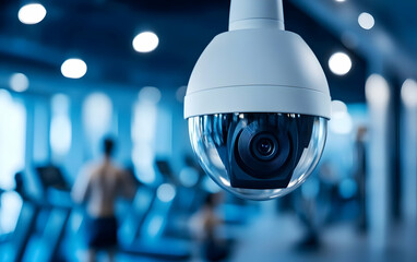 High-quality image of a surveillance camera monitoring a modern gym setting, showcasing safety and fitness.