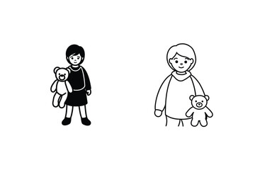 Girl Child Holding Teddy Bear, Simple Line Art Illustrations
