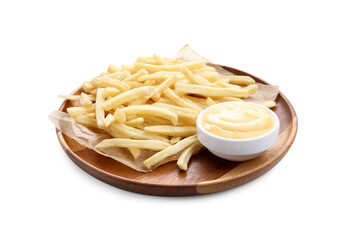 Tasty cheese dipping sauce in bowl and French fries isolated on white