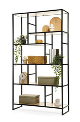 Shelving unit with home decor isolated on white
