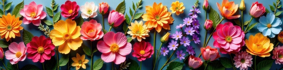 Artificial flowers wall with a mix of colorful blooms , garden party , eclectic wall