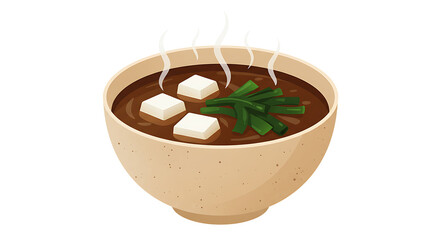 Serving Miso Soup in Bowl with Tofu and Seaweed Cartoon