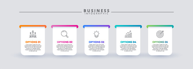 Infographic template featuring 5 steps with icons, designed for business concepts. Ideal for presentations, banners, workflow layouts, process diagrams, flowcharts, and data visualization.