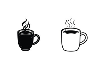 Two Coffee Cups, Hot Drink Icons, Beverage Symbols, Black and White