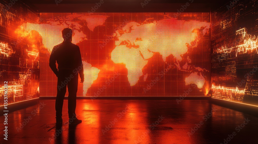 Poster global data monitoring: a silhouette observes the world map in a digital data center