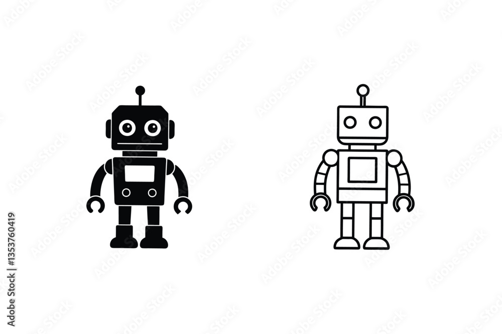 Poster retro robot icons filled and outline designs for digital use