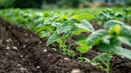Potato plants in rows of rich soil