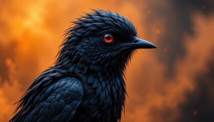 Obraz premium Intriguing Black Bird Portrait Fiery Orange Eyes and Dark Misty Background