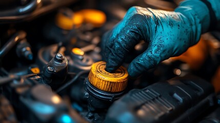 A gloved mechanic is working inside a car engine compartment