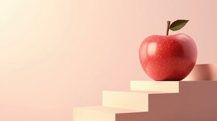 Red apple on minimalist white staircase with soft lighting