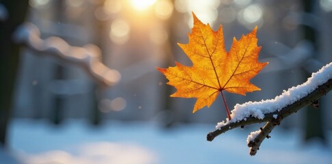 A single beech leaf on a snowy branch, backlit by sunlight, branch, backlight