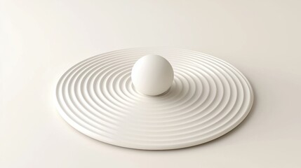 A white egg sits on a white plate with concentric circles.