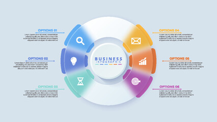 Infographic labels with icons and 6 options or steps. Suitable for process diagrams, presentations, workflow layouts, banners, flow charts, and infographics.