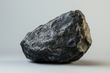Fototapeta premium A singular black rock is displayed against a neutral background