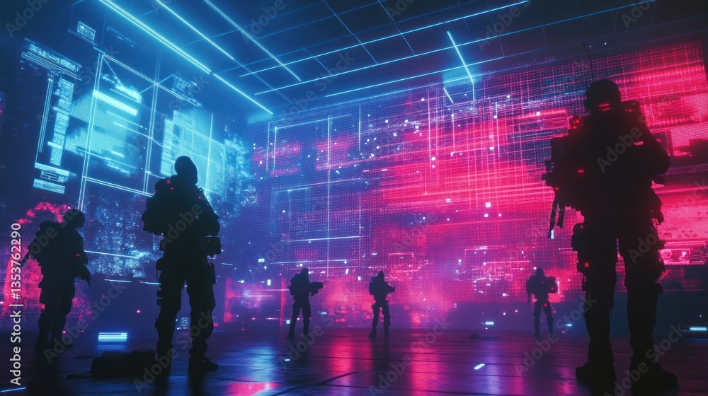 Poster futuristic cyber warfare simulation room with ai-driven avatars and digital display