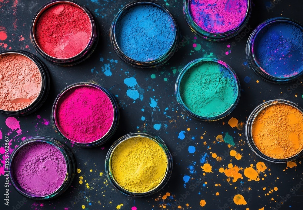 Poster vibrant and colorful powder pigments in round containers on a dark background with splashes of color