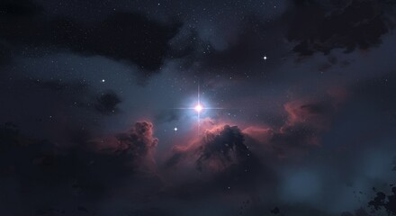 Starry night sky with glowing nebula and clouds