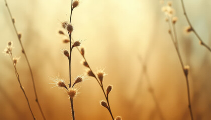 Delicate grass stems swaying in soft golden background