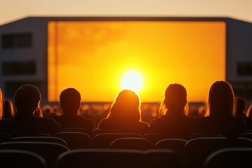 Crowd watching outdoor movie at sunset