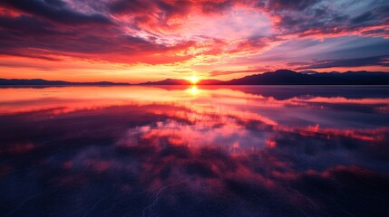 Obraz premium Breathtaking Sunset Over Calm Lake With Vibrant Cloud Reflections