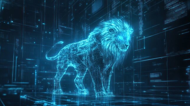 Cybernetic guardian: Futuristic digital representation of a lion in cyberspace