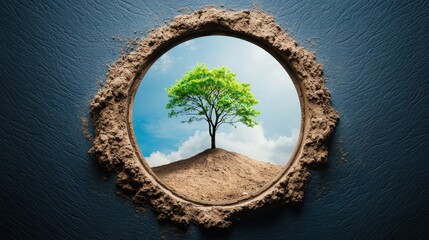 Fototapeta premium A circular opening reveals a vibrant green tree on a hill, symbolizing nature's beauty amidst a textured background.