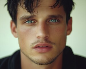 Fototapeta premium A handsome man with intense blue eyes stares at camera