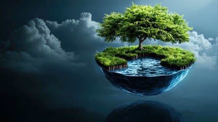 Water and pollution concept. A surreal image of a floating island with a lush tree surrounded by water, set against a dramatic sky, symbolizing nature's beauty and balance.