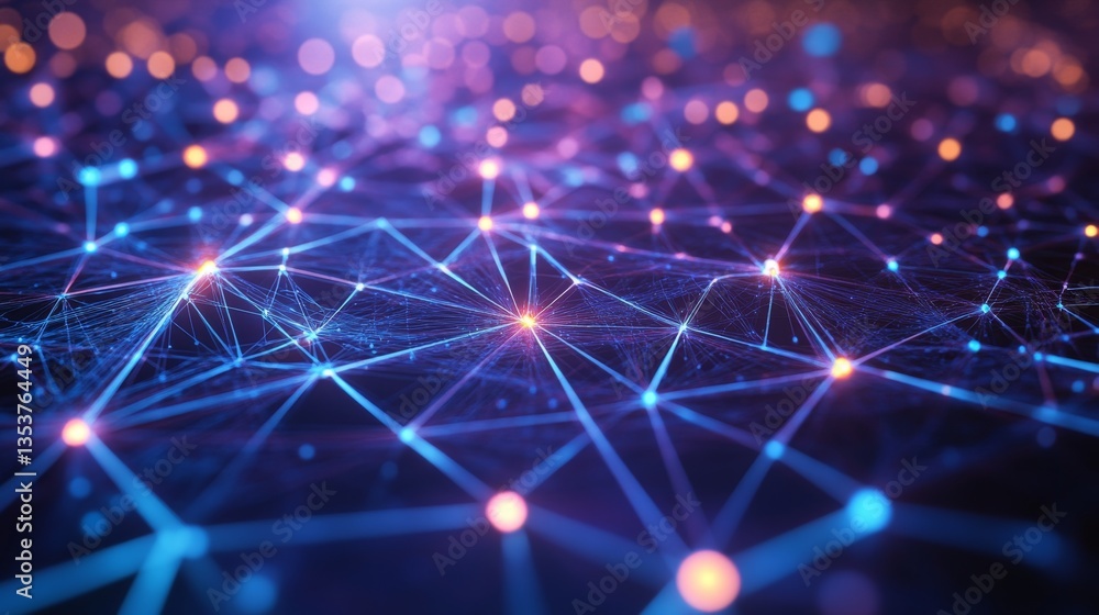Poster abstract network visualization with points and lines in blue and purple