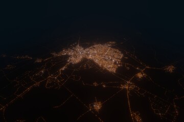 Aerial view on Kirkuk (Iraq) from west. Satellite view on modern city at night