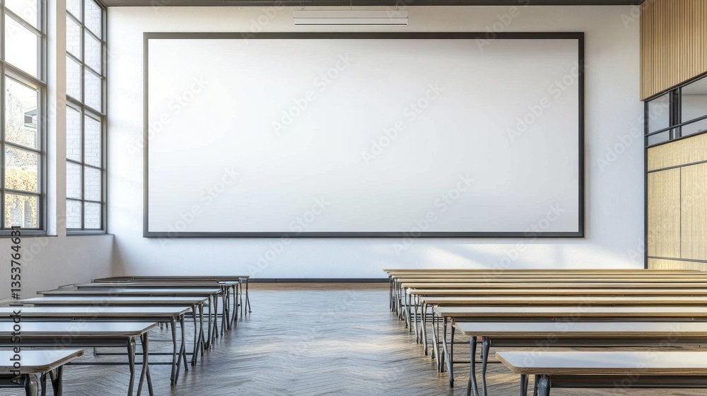 Poster modern classroom with blank screen and desks ready for learning