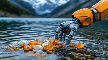 Water and pollution concept. A robotic hand delicately reaches into a serene lake, gathering vibrant autumn leaves, framed by snow-capped mountains in the background.