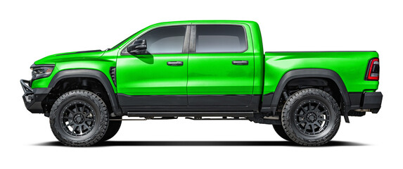 Modern powerful American green pickup truck, side view in png format.