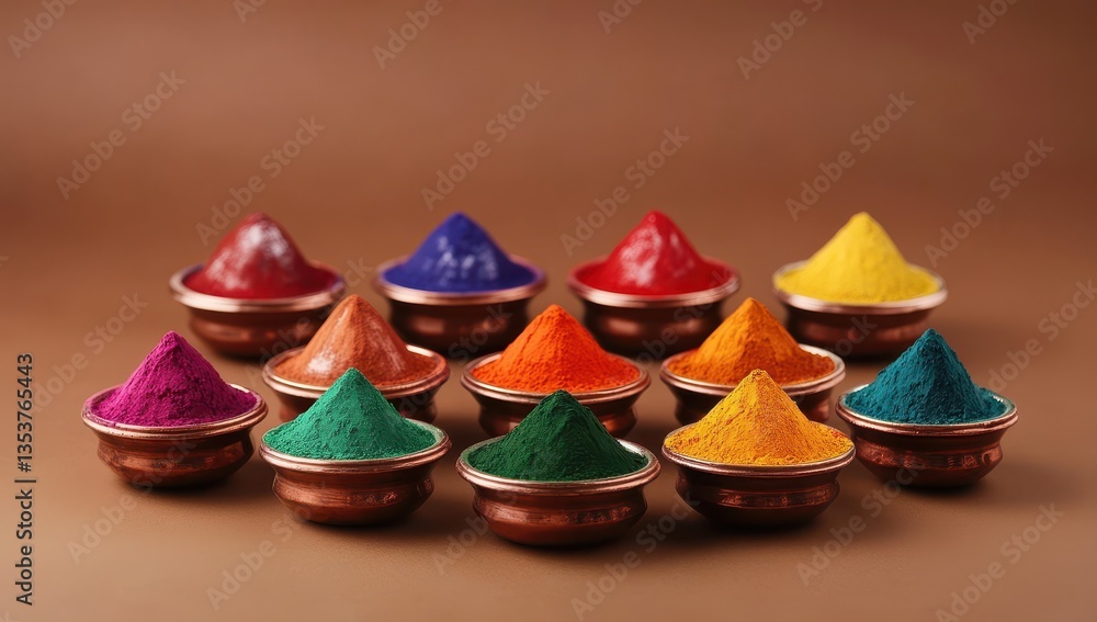 Poster vibrant array of colorful natural powders in bowls on brown background for art and craft, decor, and