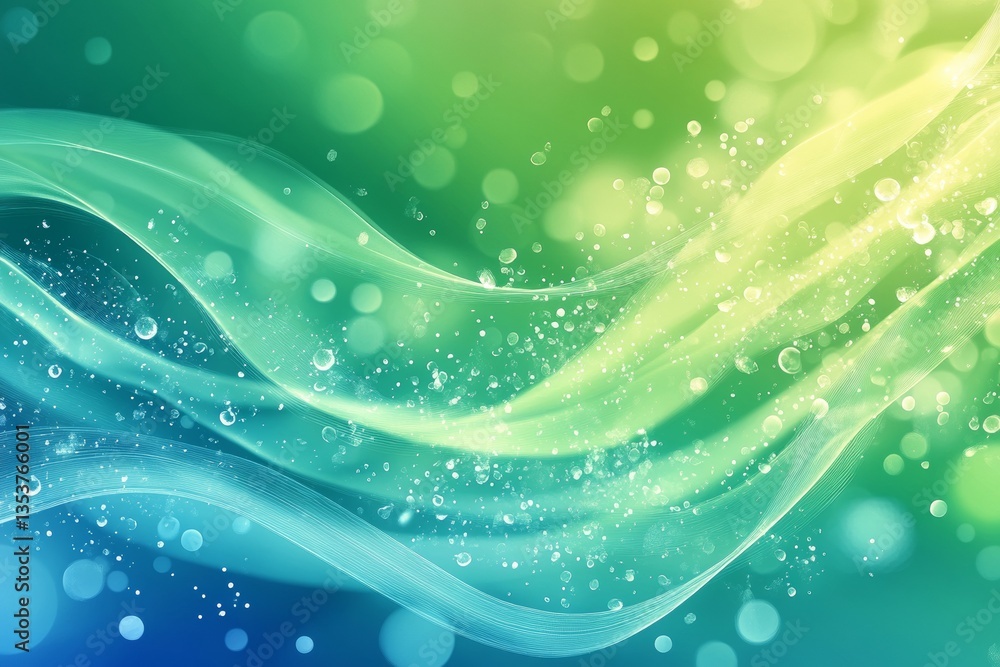 Poster a stunning abstract background with a blue-to-green gradient, featuring fluid light waves and sparkl
