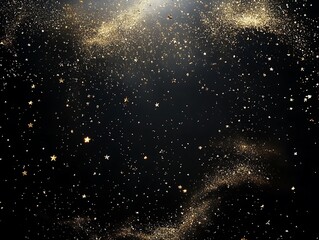 Gold glitter and stars floating against a dark black background