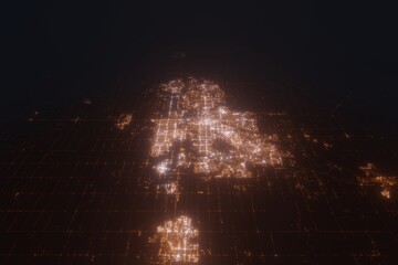 Aerial view on Calgary (Canada) from north. Top view on modern city at night from space