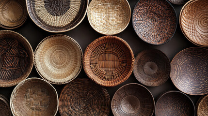 A composition of handcrafted woven baskets with intricate patterns, arranged elegantly on a monochrome background, soft directional lighting creating depth and texture