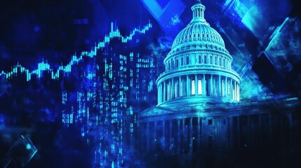 US Capitol Building and Financial Market Data Visualization: A Stunning Blue Digital Composite