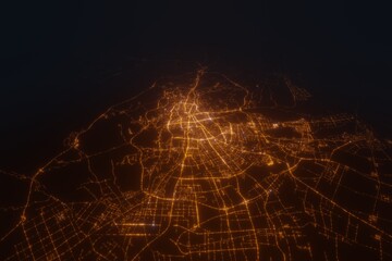 Aerial view on Urumqi (China) from north. Top view on modern city at night from satellite